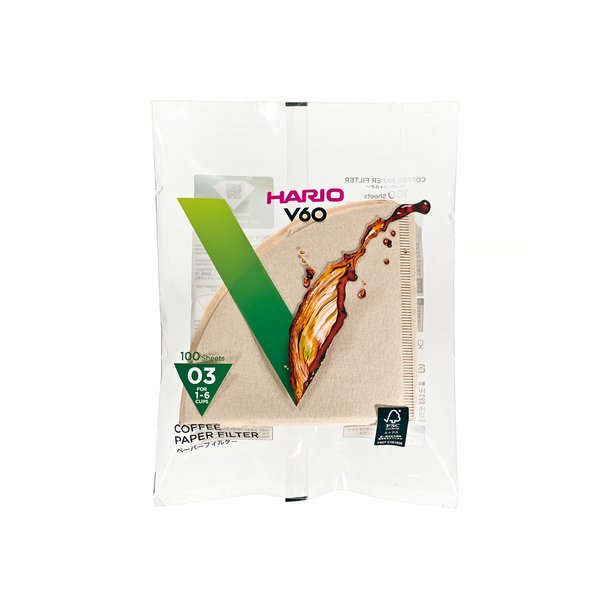Hario V60 kaffe papir filter, ubleget, 3 kops 100 stk