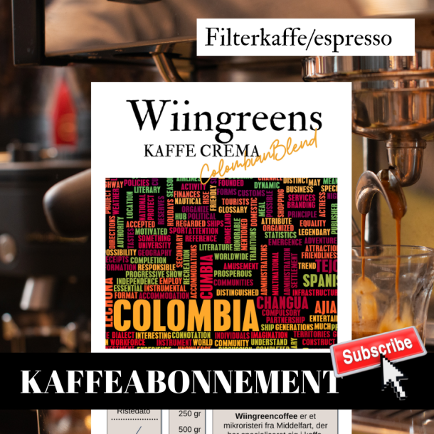 Kaffeabonnement Wiingreens Kaffe Crema, Colombian "premium" Blend. hele bnner, 900 gr