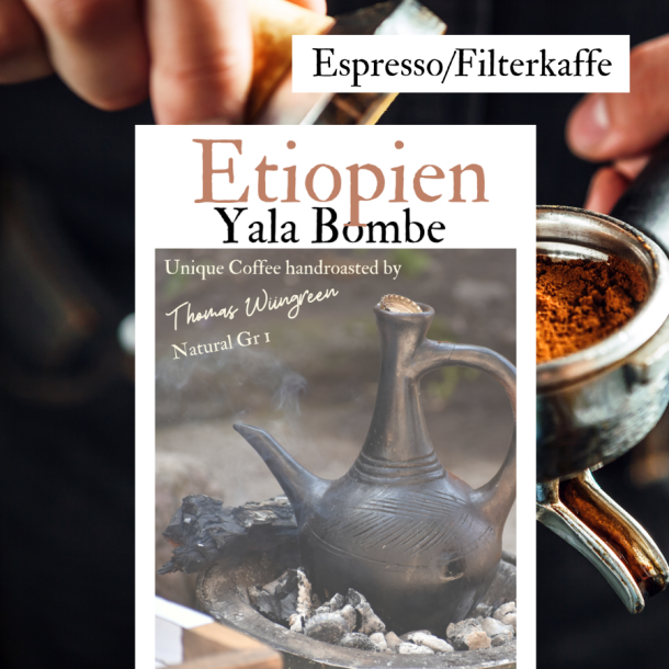 Etiopien Yala Bombe, natural, Sidamo Grade 1, Friskristet kaffe, hele bnner. Mellemristet