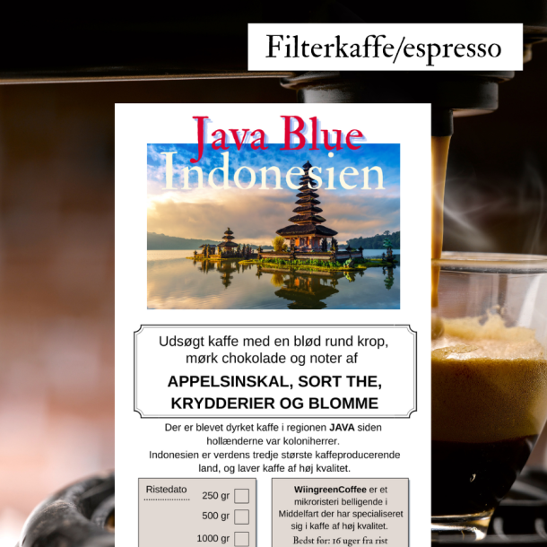 300 gr Indonesien, Java Blue Sunda semi washed, friskristet kaffe, hele bnner