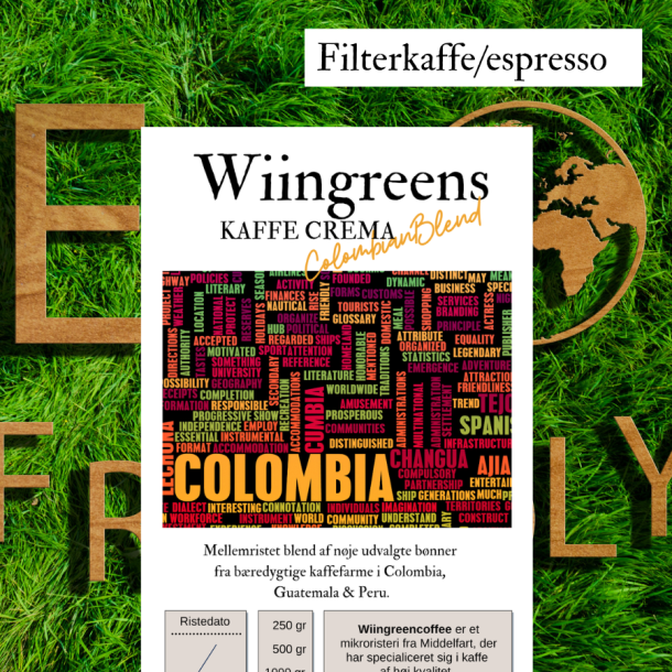 Wiingreens Kaffe Crema, Colombian "premium" Blend. �KOLOGISK Friskristede hele kaffeb�nner
