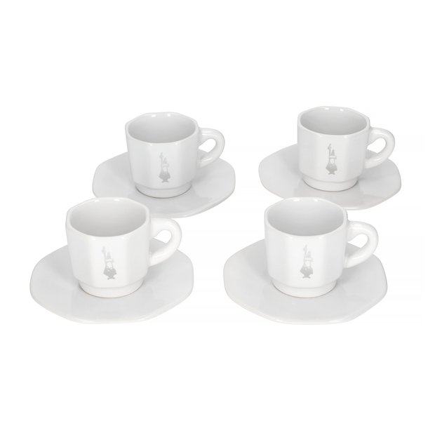 Bialetti - 4 stk espressokopper og undertallerkner, hvid