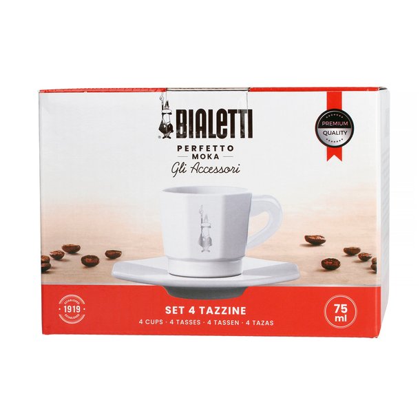 Bialetti - 4 stk espressokopper og undertallerkner, hvid