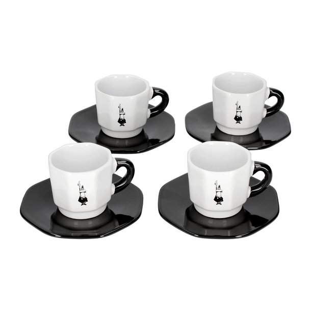 Bialetti - 4 stk espressokopper og undertallerkner, sort &amp; hvid